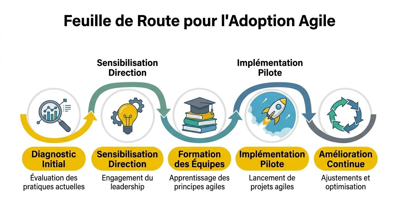 Une feuille de route illustrant les étapes clés pour réussir l'adoption de la méthodologie agile en entreprise.