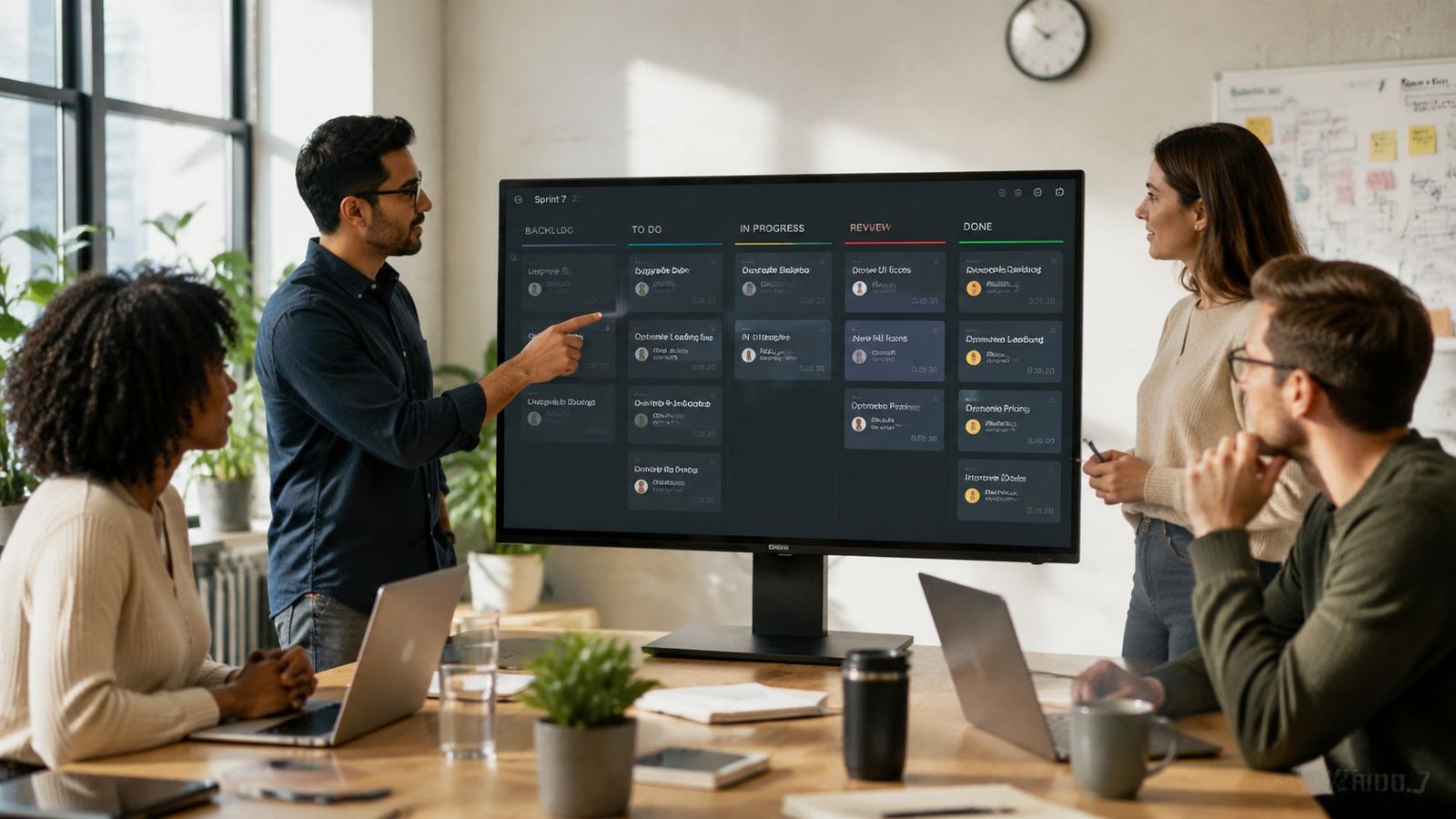 Une équipe professionnelle collaborant lors d'une réunion de gestion de projet agile devant un grand écran.