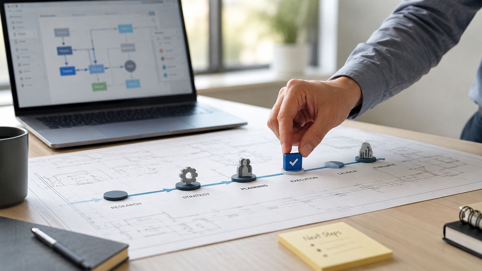 Une main dépose un pion bleu sur un schéma de processus d'entreprise posé sur un bureau.