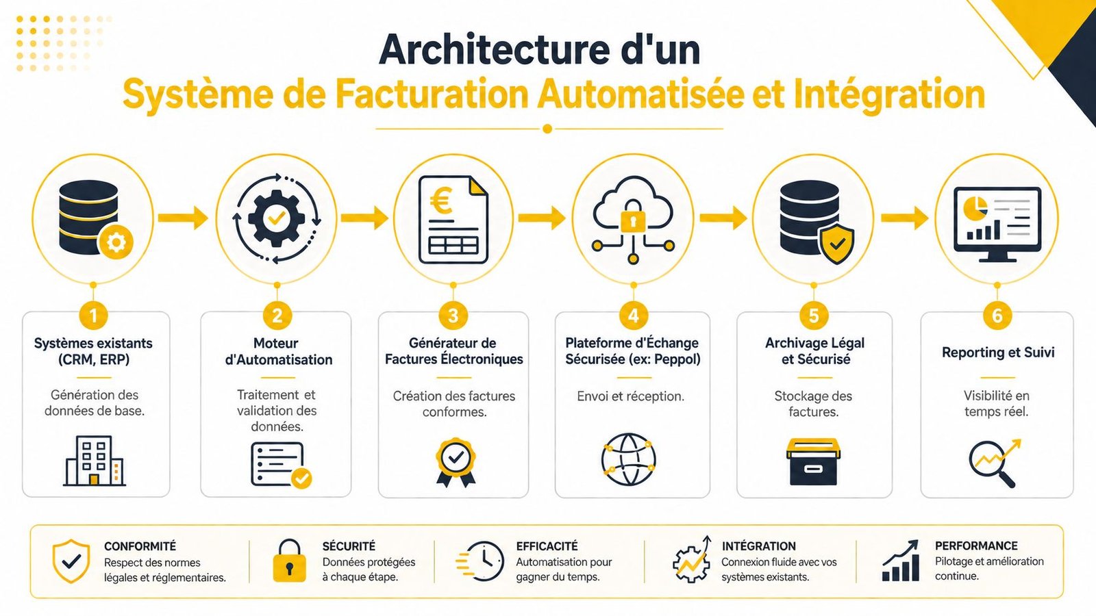 Schéma illustrant l'architecture d'un système de facturation automatisée et d'intégration fluide pour les entreprises.