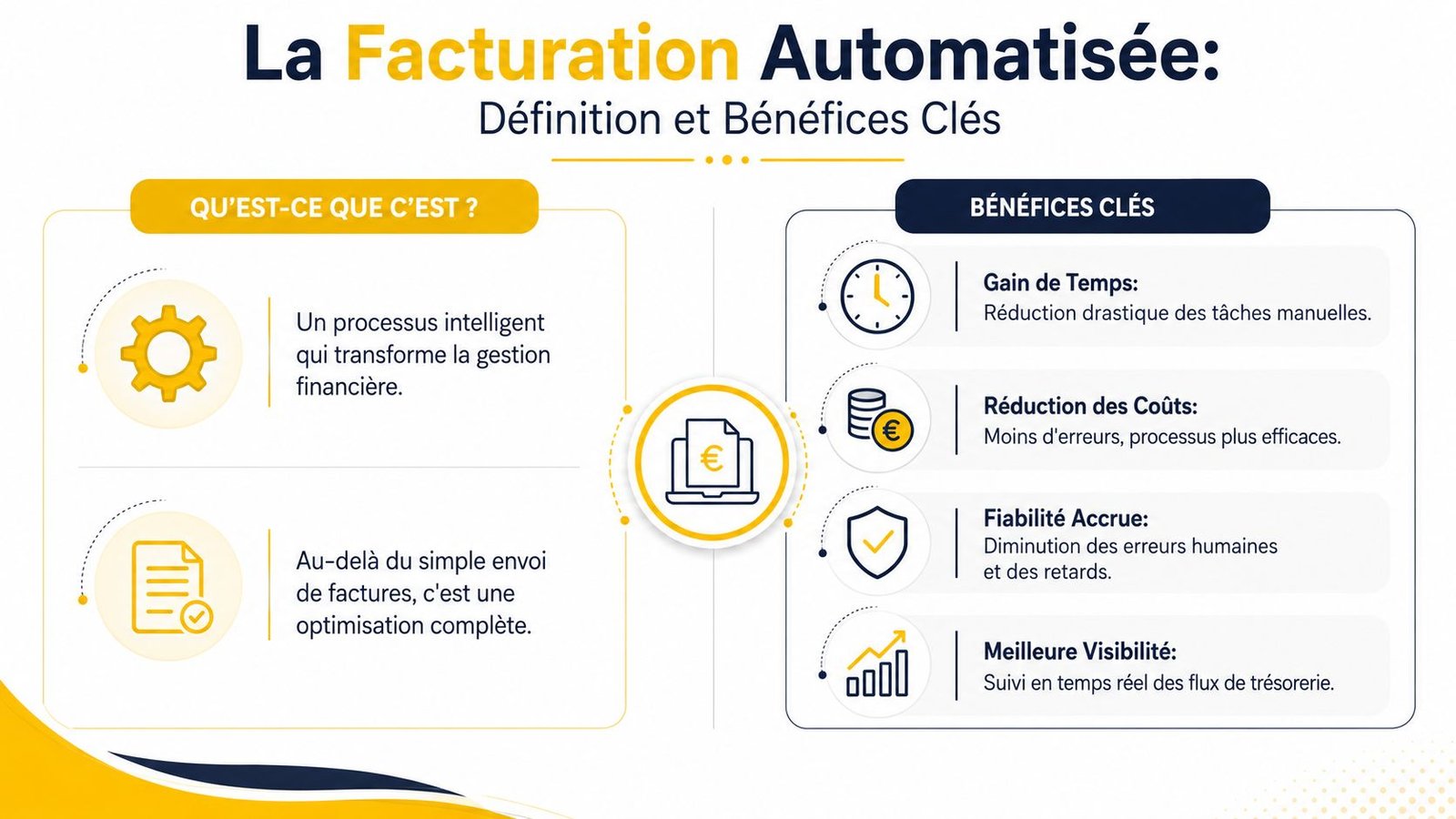 Infographie présentant la définition et les bénéfices clés de la facturation automatisée pour les entreprises.