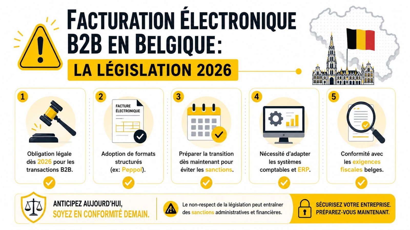 Infographie expliquant la nouvelle législation belge sur la facturation électronique B2B obligatoire à partir de 2026.