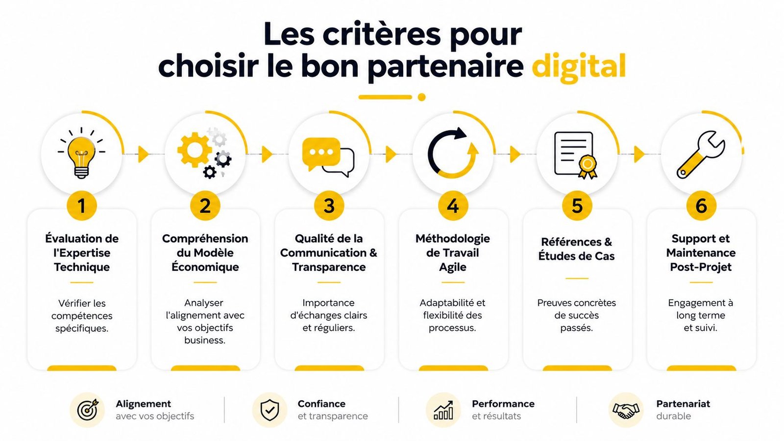 Infographie illustrant six critères essentiels pour sélectionner le meilleur partenaire informatique pour vos projets digitaux.