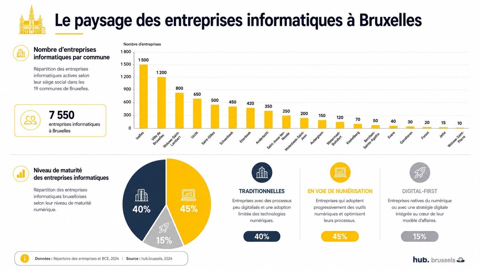 Infographie montrant la répartition géographique et le niveau de maturité numérique des entreprises informatiques à Bruxelles en 2024.