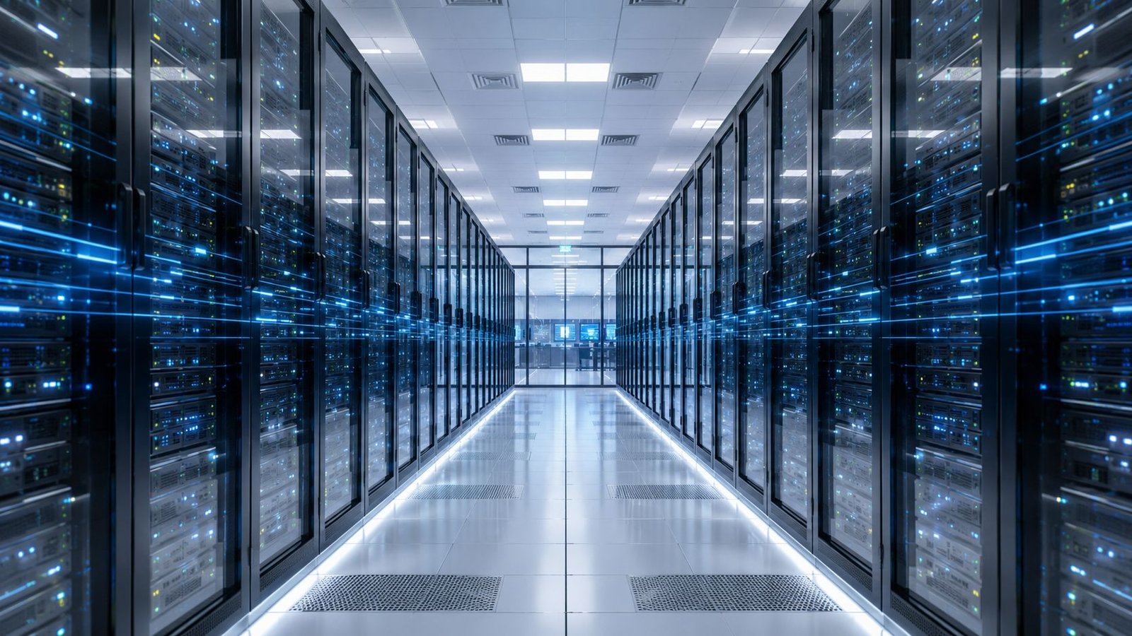 Une salle de serveurs informatique moderne avec des rangées d'armoires technologiques et des lumières bleues numériques.
