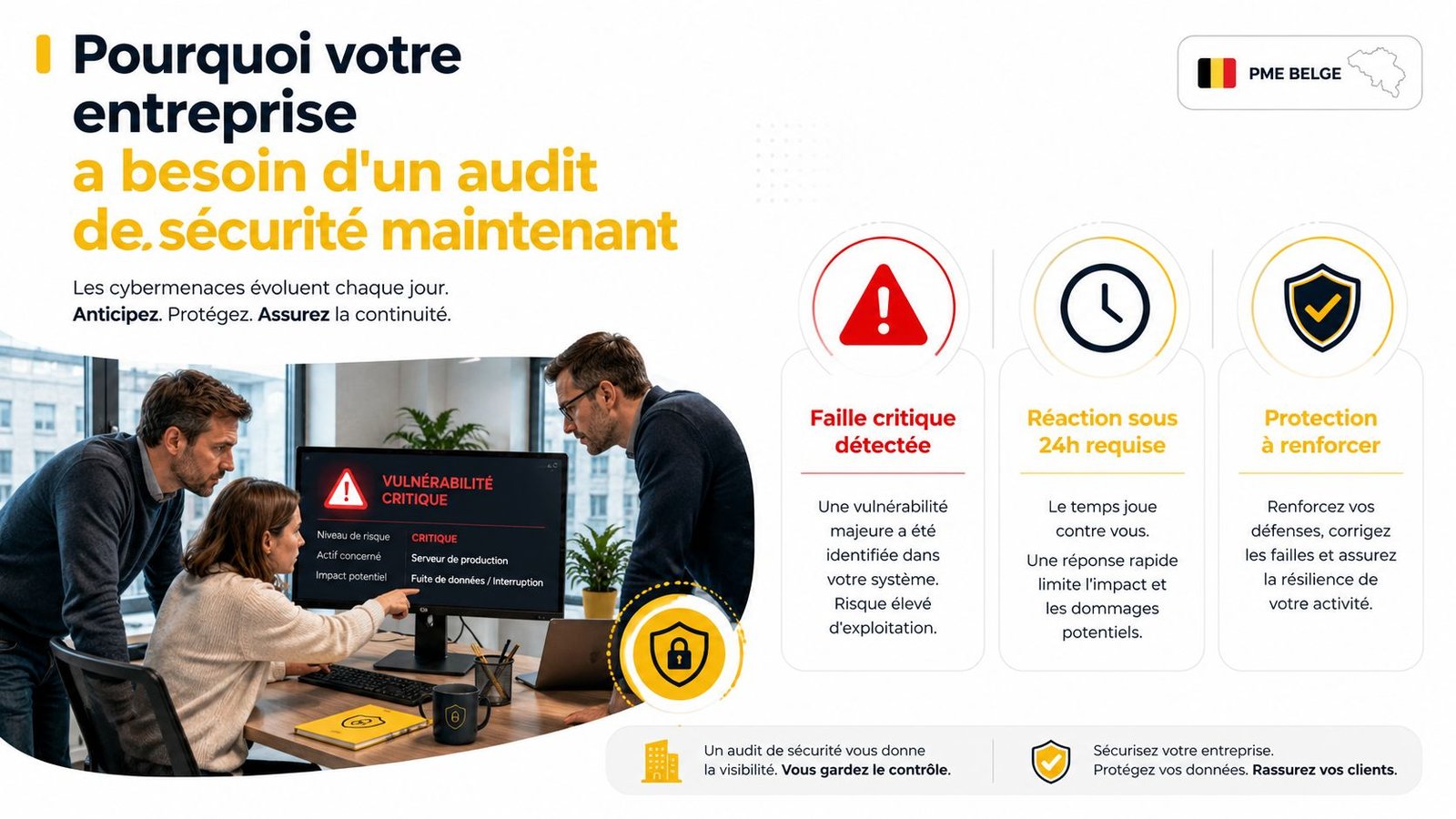 Des professionnels analysant une faille de sécurité critique sur un écran pour illustrer un audit informatique.