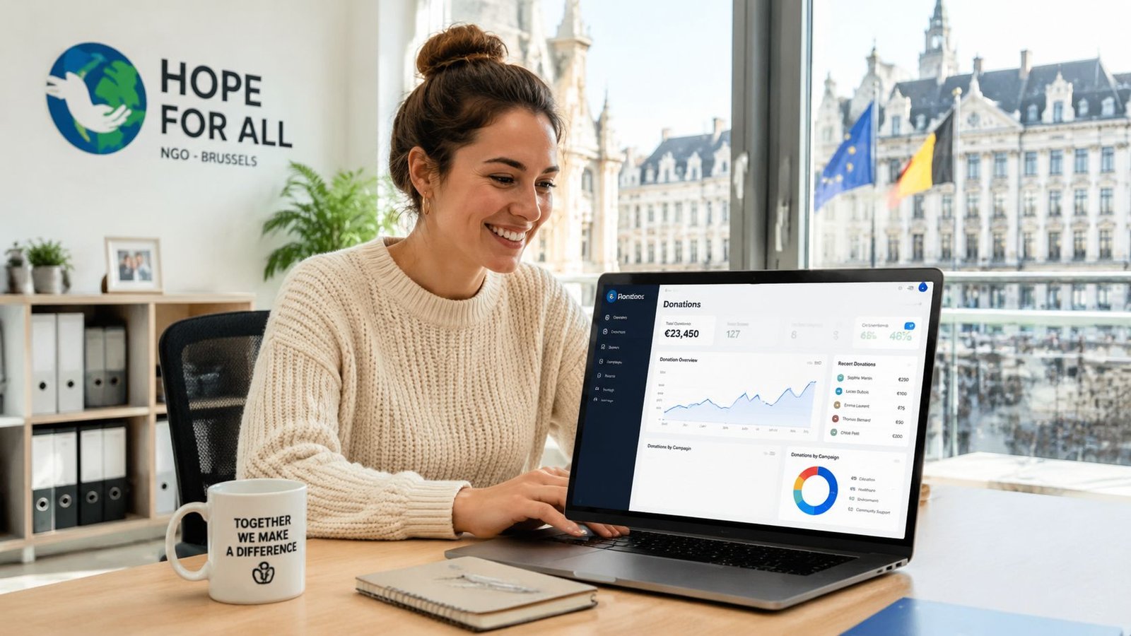 Une femme souriante travaillant sur un ordinateur portable affichant des données de dons dans un bureau moderne.
