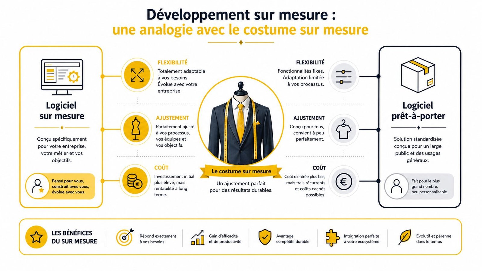 Infographie comparant le développement logiciel sur mesure au logiciel prêt-à-porter avec une analogie de costume.