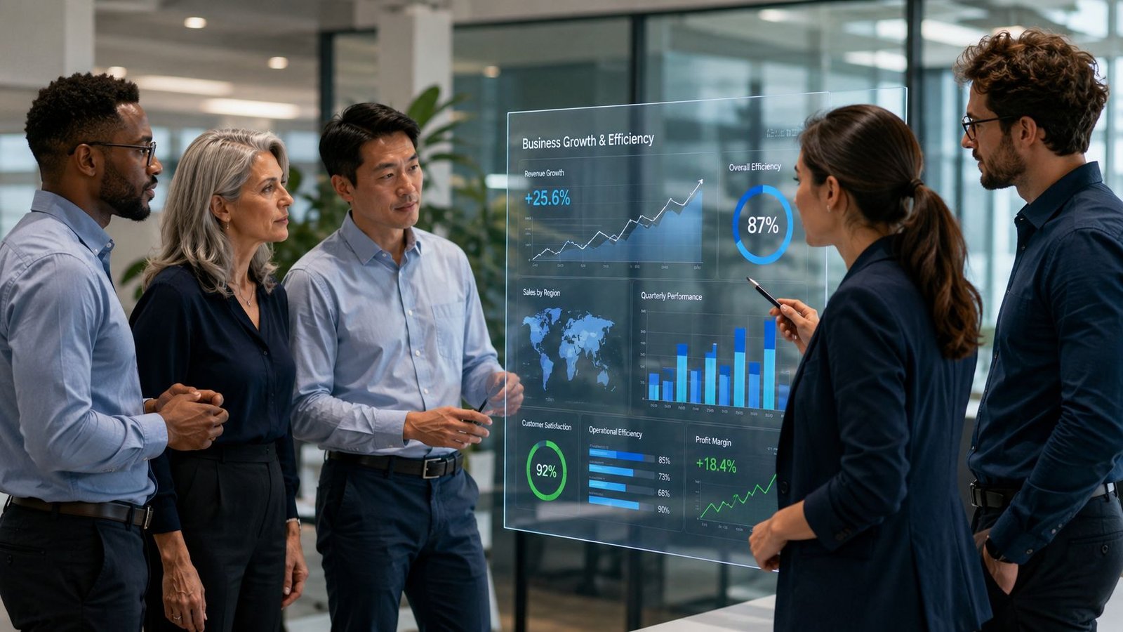 Une équipe de professionnels analysant des données commerciales sur un écran tactile numérique transparent dans un bureau.
