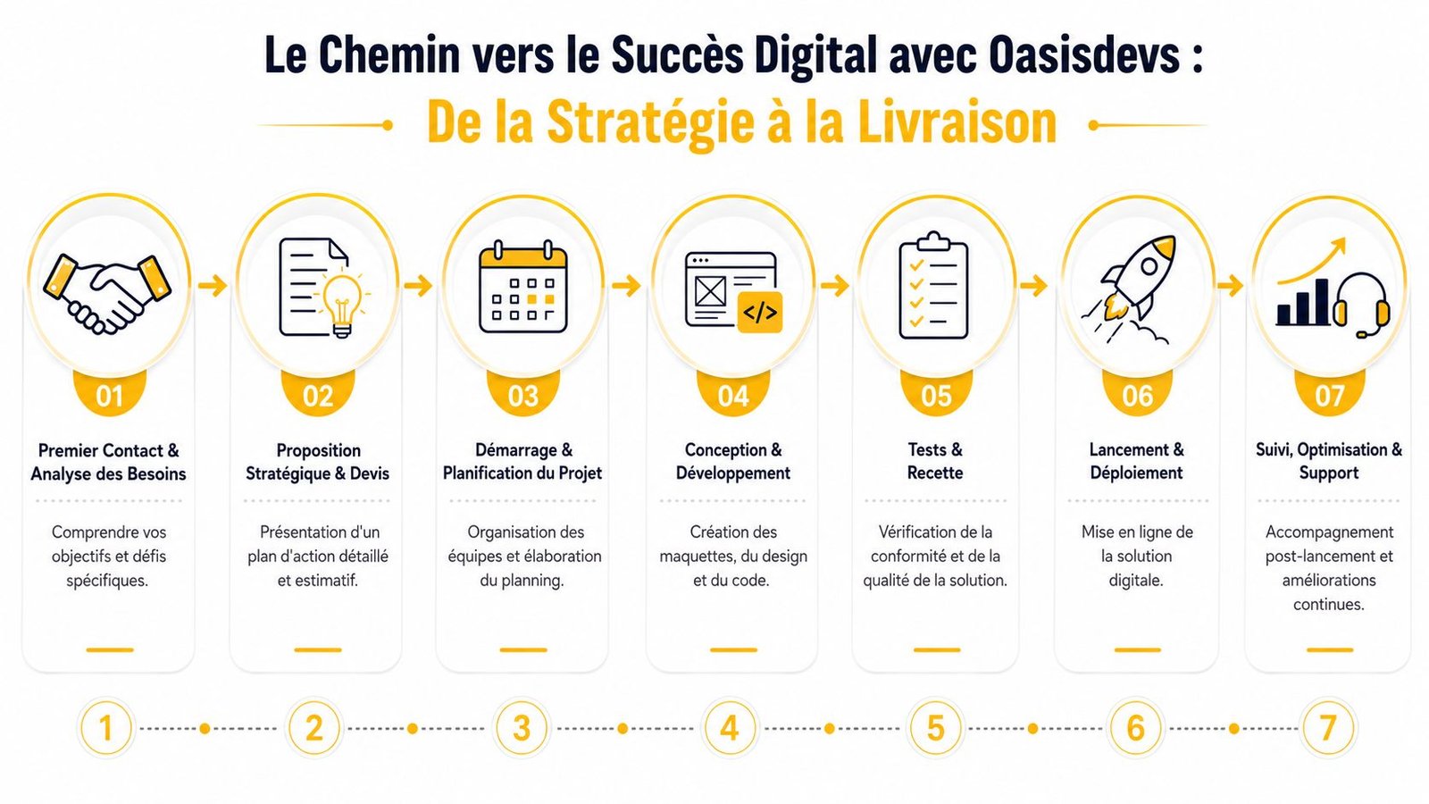 Infographie illustrant le processus de développement numérique en sept étapes clés, de la stratégie initiale à la livraison.