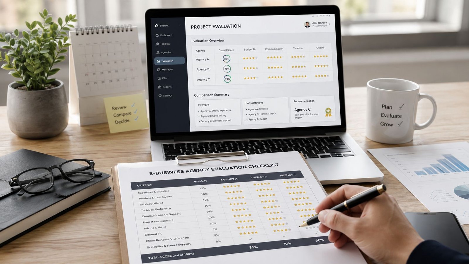 Une personne remplit un formulaire d'évaluation pour une agence e-business sur un bureau professionnel bien organisé.