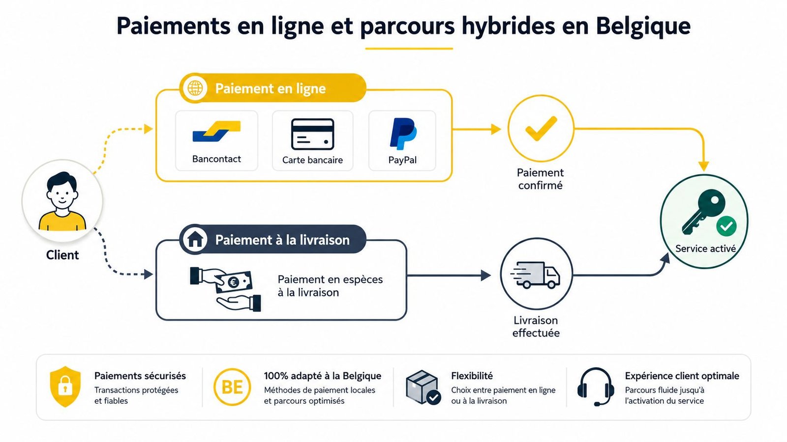 Schéma illustrant les options de paiement en ligne et à la livraison pour les clients en Belgique.