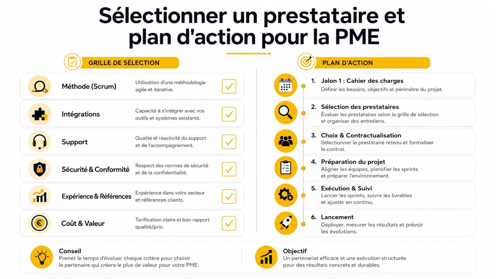 Infographie présentant une grille de sélection et un plan d'action stratégique pour choisir un prestataire informatique en PME.