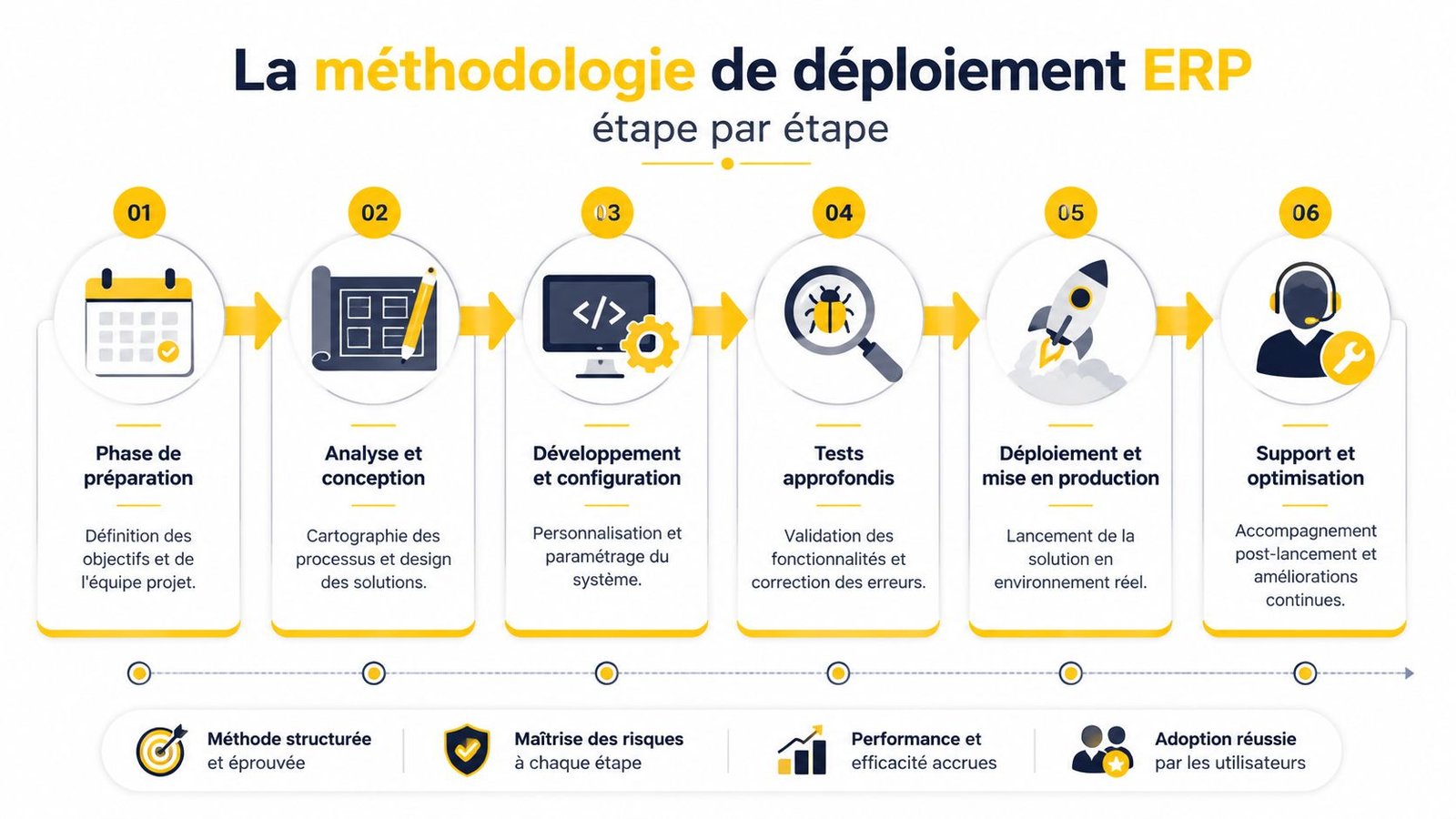 Infographie illustrant les six étapes de la méthodologie de déploiement d'un logiciel ERP en entreprise.