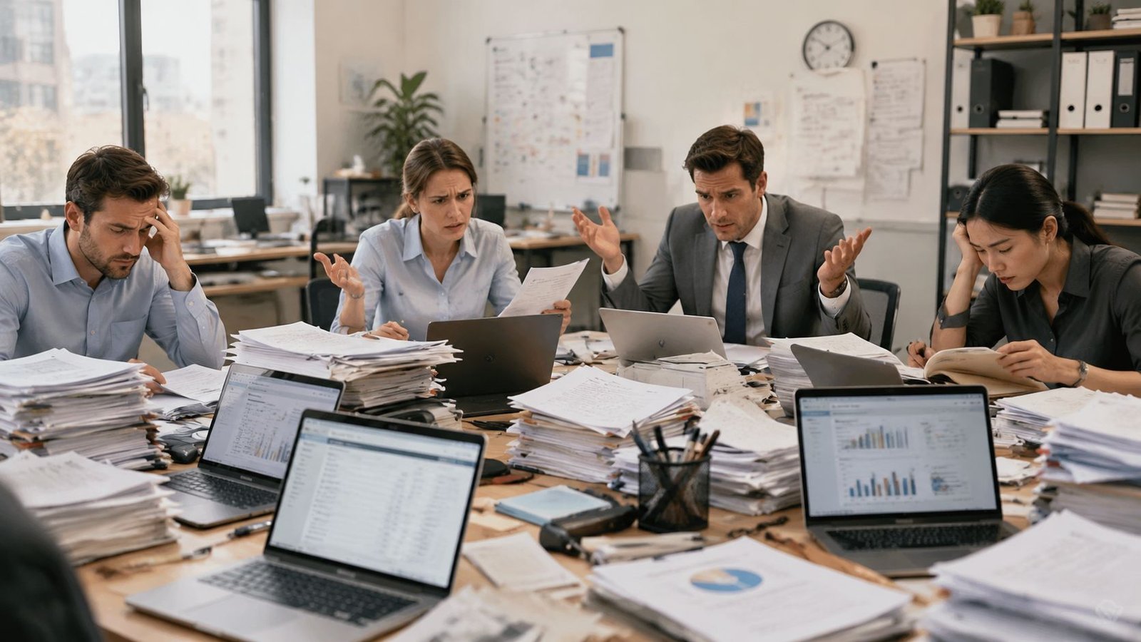 Quatre collègues de bureau stressés travaillant avec de nombreux documents et ordinateurs portables dans un espace encombré.