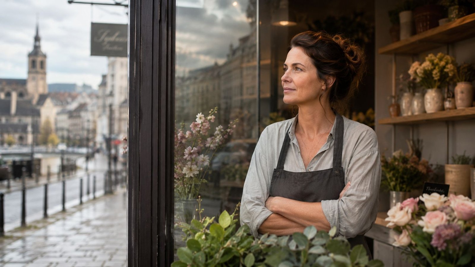 Une fleuriste souriante regarde par la fenêtre de sa boutique avec des fleurs et une ville en arrière-plan.