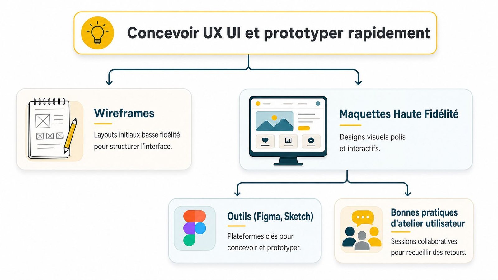 Schéma explicatif montrant le processus de conception UX/UI incluant les wireframes, les maquettes haute fidélité et les outils.