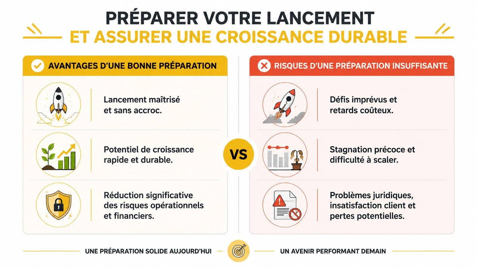 Infographie comparant les avantages d'une bonne préparation au lancement contre les risques d'une préparation insuffisante.