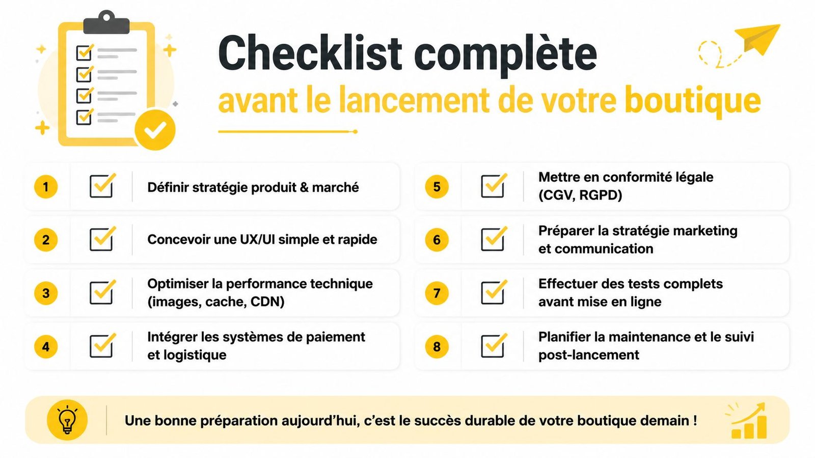 Une liste de contrôle illustrée en huit étapes pour le lancement réussi d'une boutique en ligne.