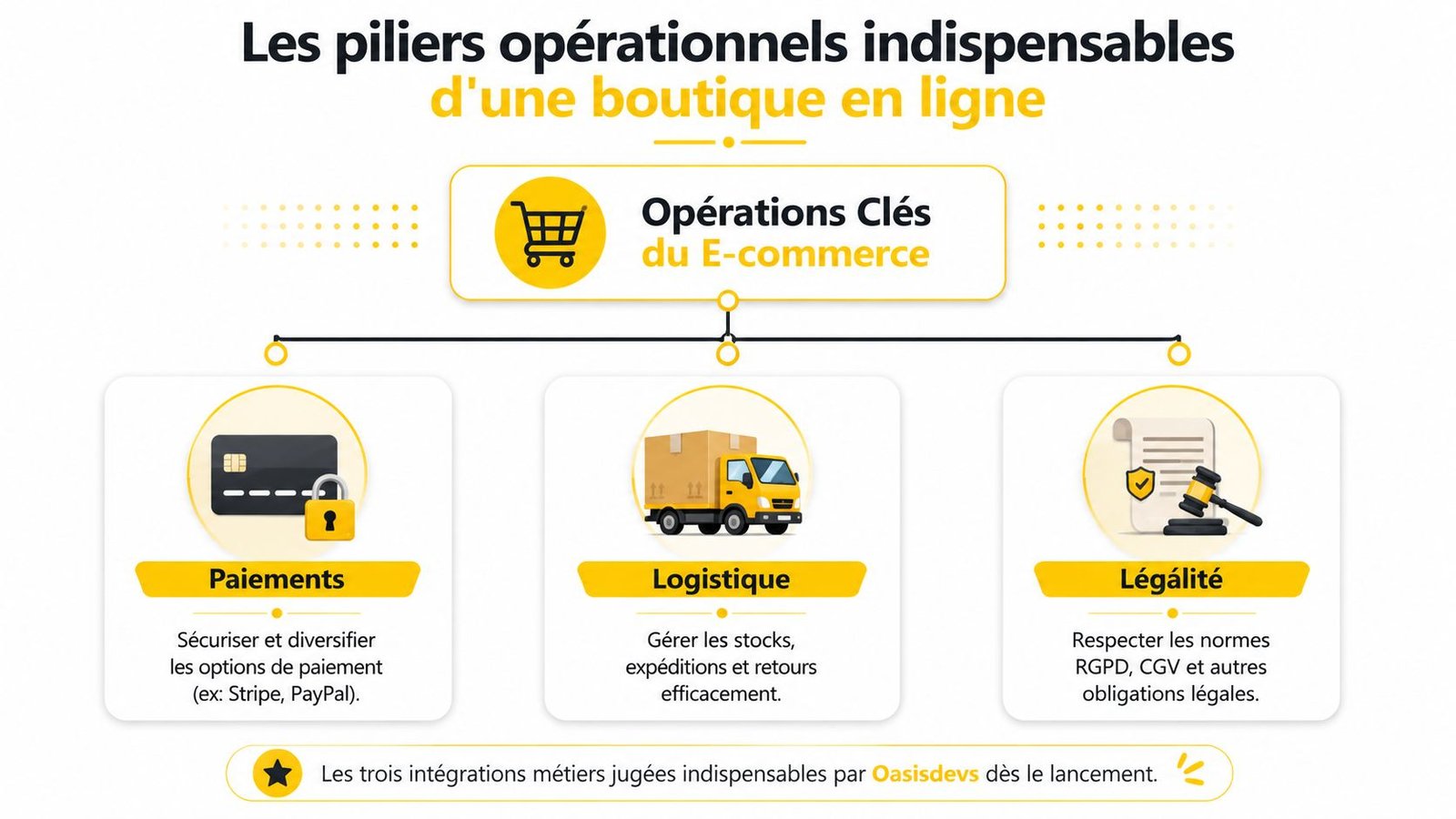Infographie illustrant les trois piliers opérationnels indispensables au lancement d'une boutique en ligne réussie.