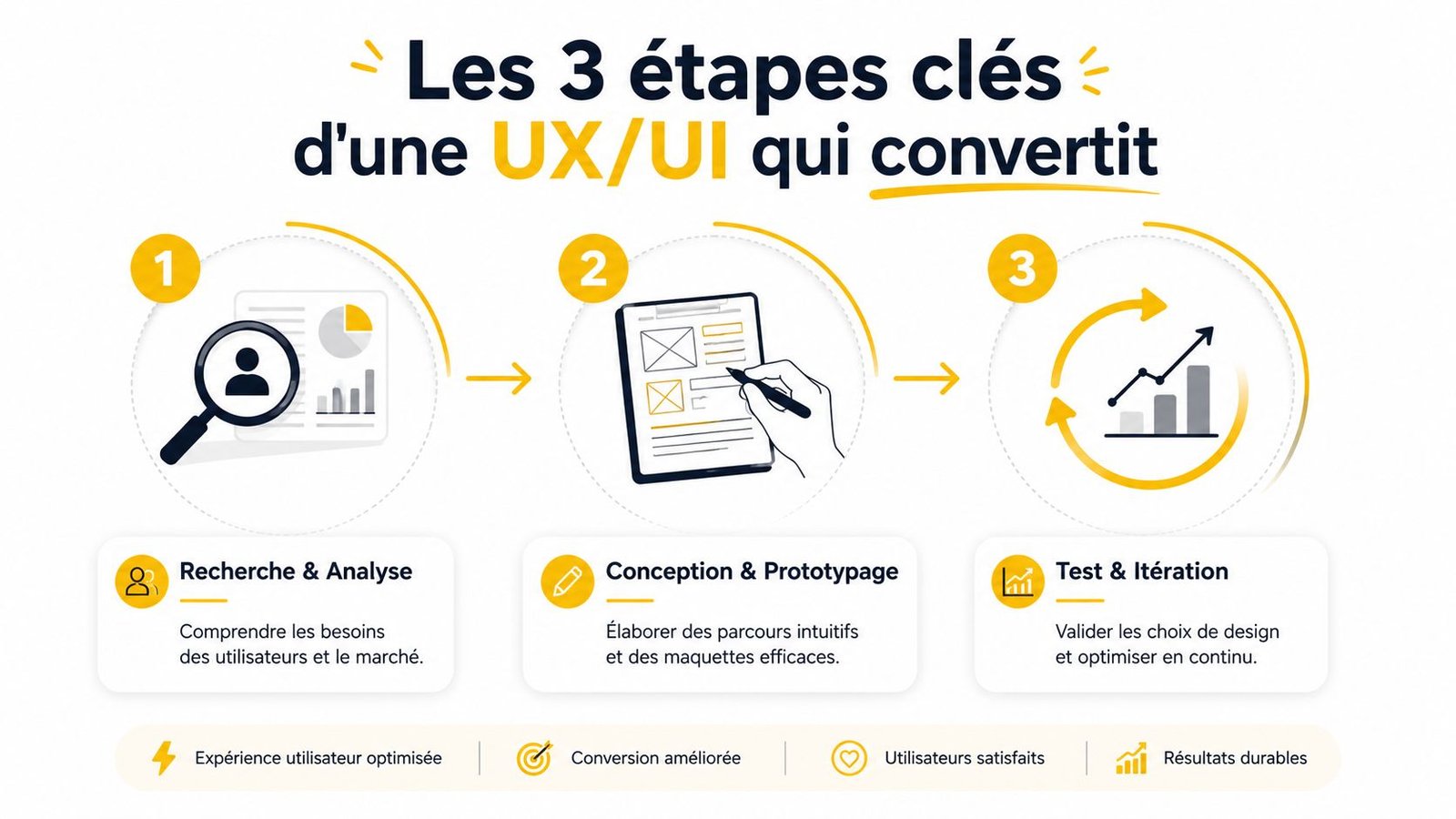 Infographie présentant les trois étapes clés de la création d'une interface UX/UI optimisée pour la conversion.