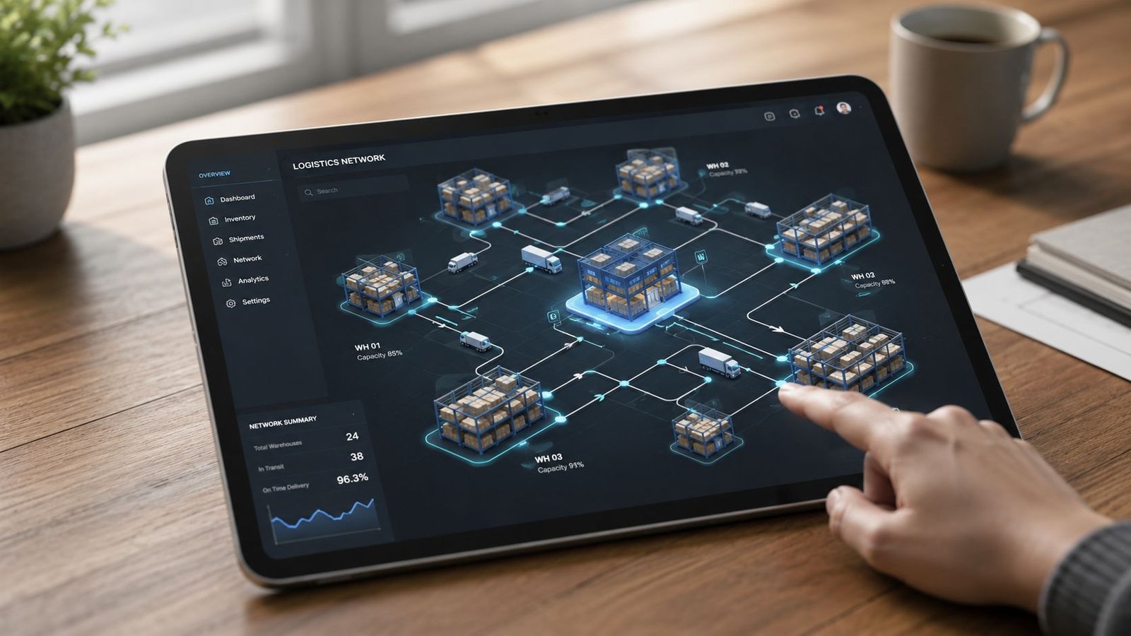 Une tablette affichant un tableau de bord logistique interactif avec une carte réseau de chaîne d'approvisionnement.
