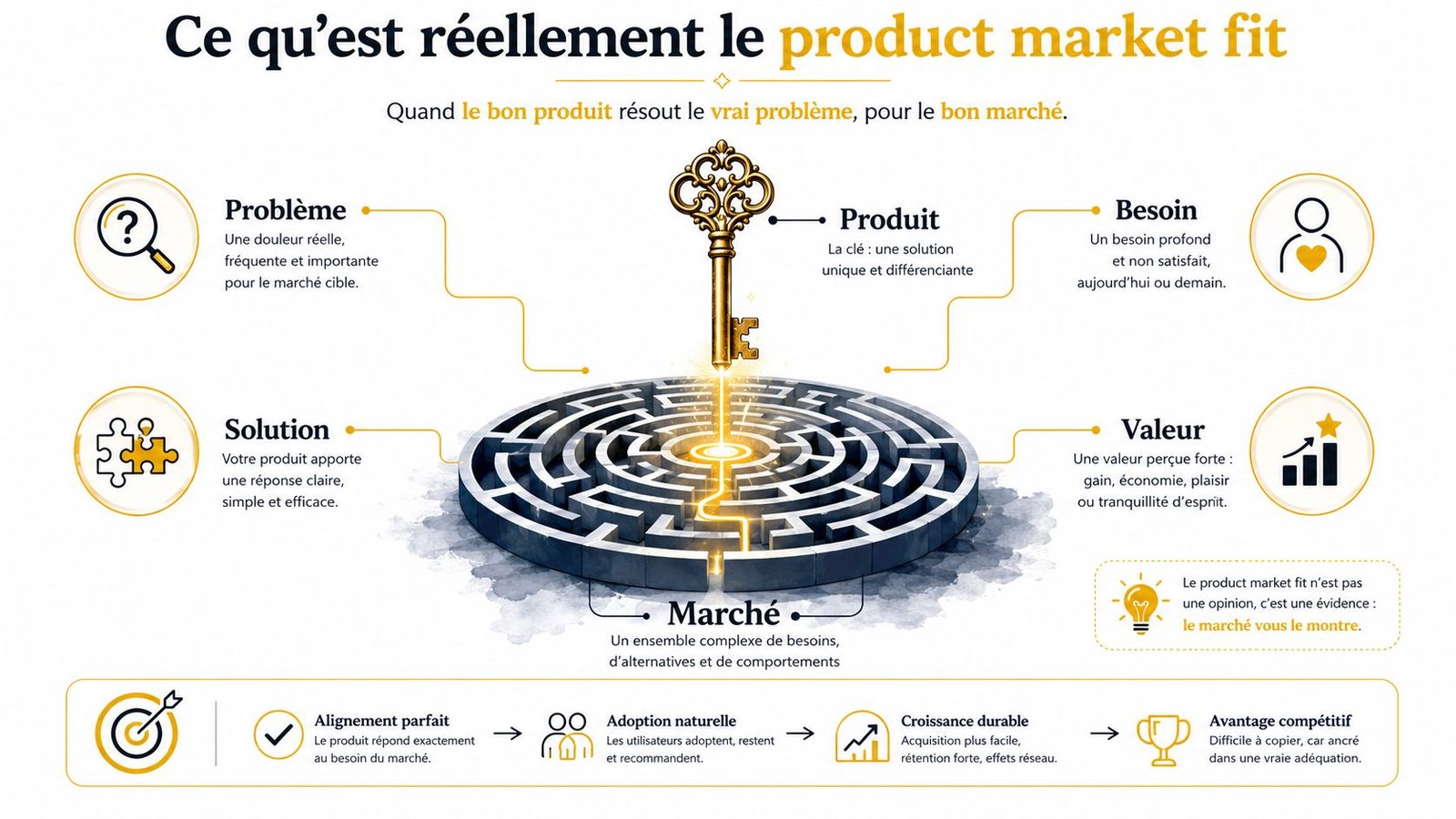Une infographie expliquant le concept de product market fit comme une clé ouvrant un labyrinthe complexe de besoins.