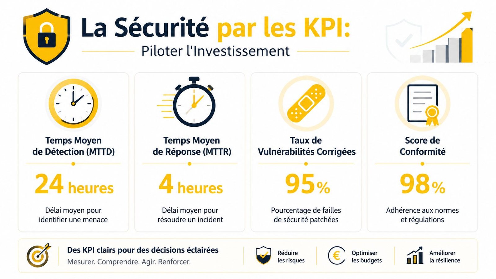 Infographie illustrant les indicateurs clés de performance pour le pilotage de la sécurité informatique en entreprise.