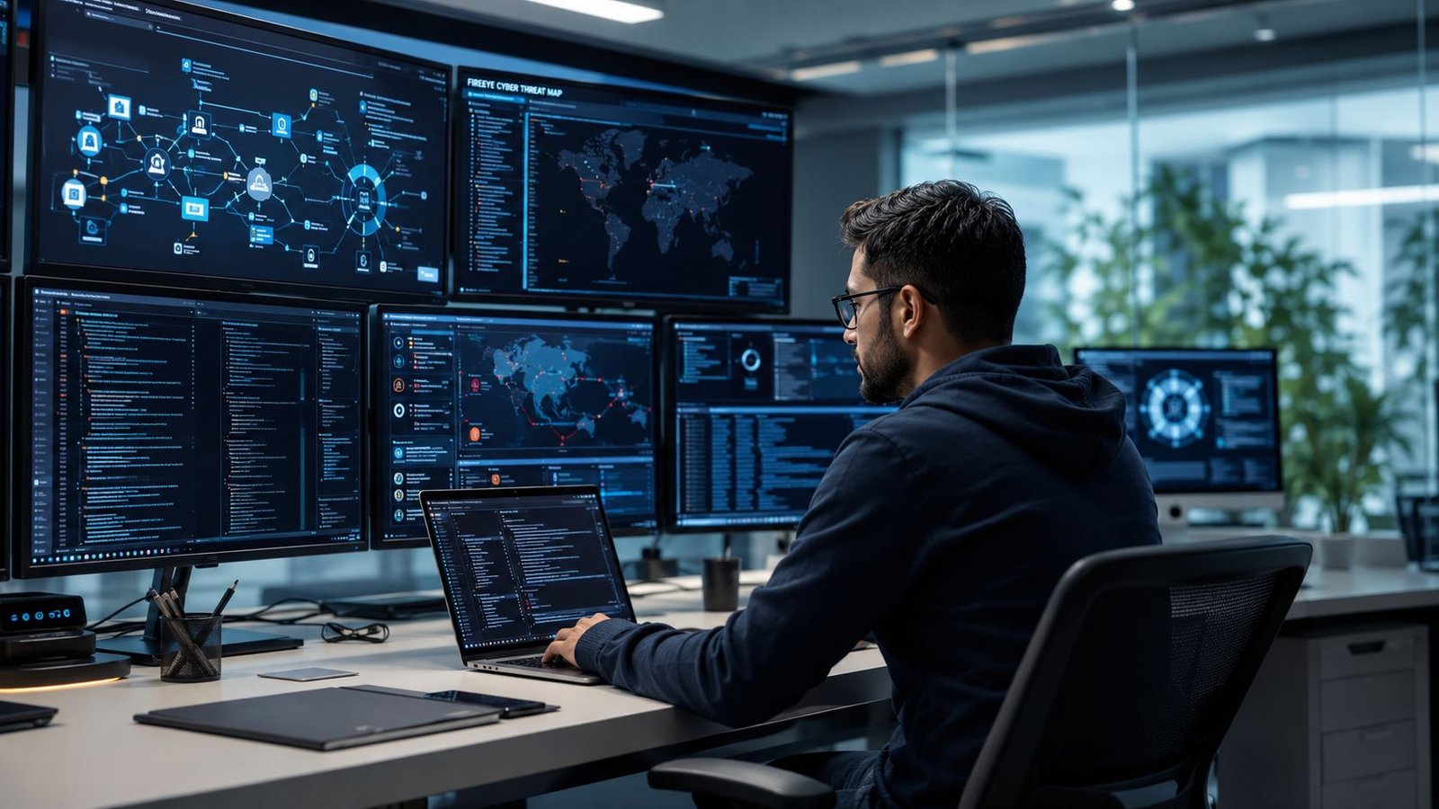 Un ingénieur en cybersécurité travaillant sur plusieurs écrans affichant des données complexes dans un bureau moderne.
