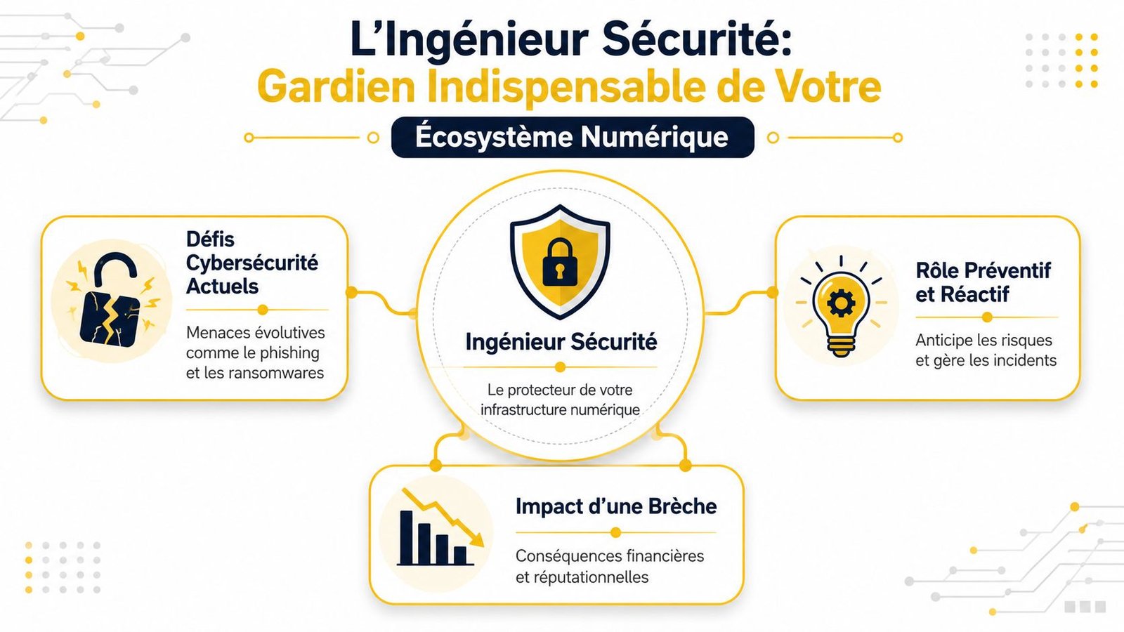 Schéma explicatif montrant le rôle crucial de l'ingénieur sécurité dans la protection de l'écosystème numérique des entreprises.