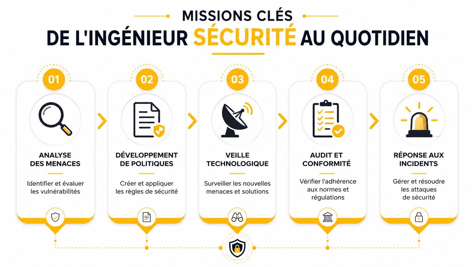 Infographie présentant les cinq missions quotidiennes essentielles d'un ingénieur sécurité, de l'analyse des menaces à la gestion d'incidents.