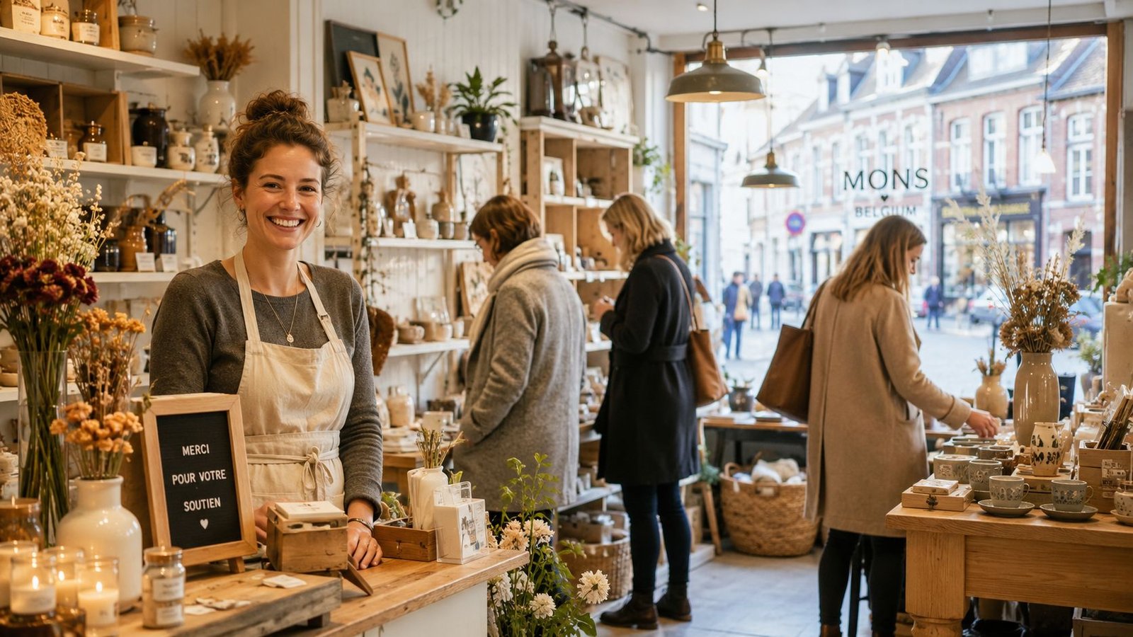 Une souriante commerçante portant un tablier dans sa boutique artisanale chaleureuse située à Mons, en Belgique.
