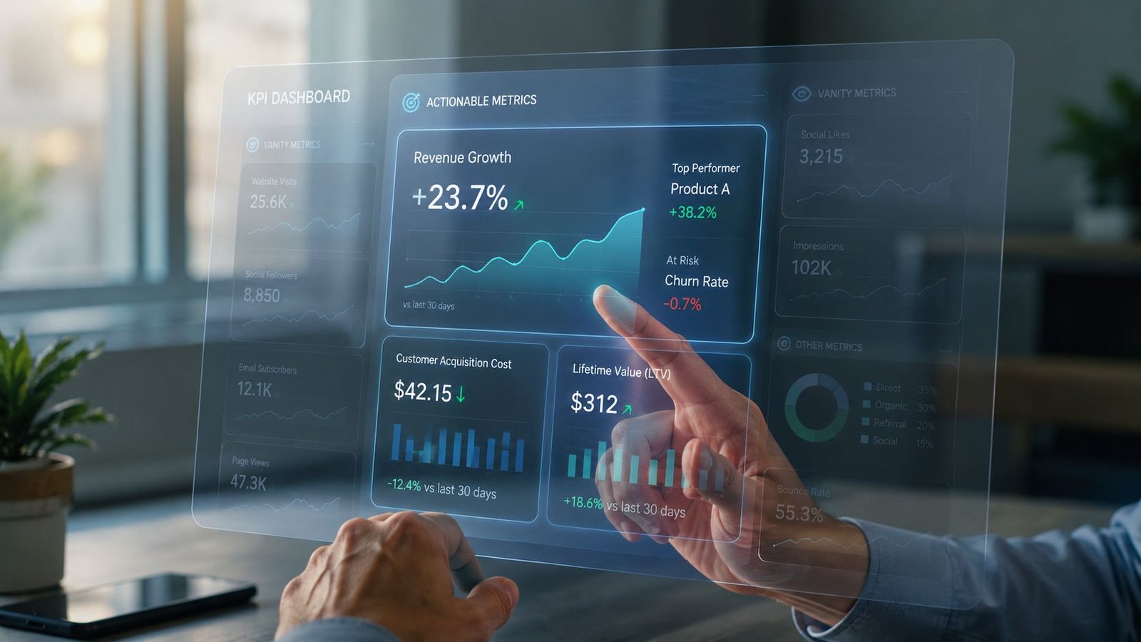 Une main interagissant avec une interface numérique holographique affichant des données et des indicateurs de performance clés.