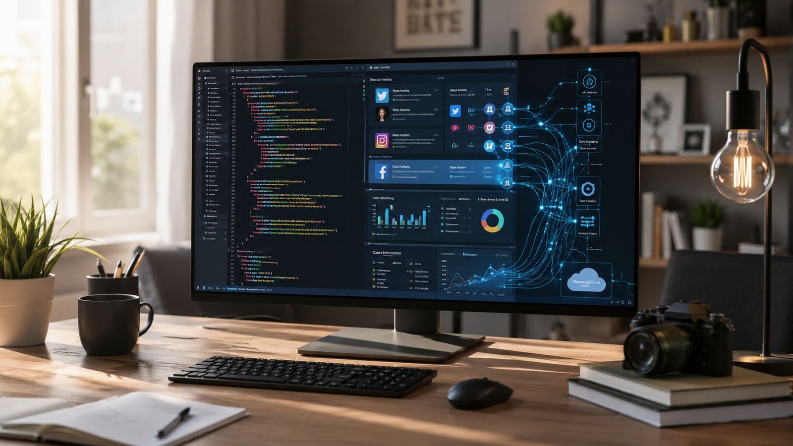 Un bureau moderne avec un écran d'ordinateur affichant des données complexes et des flux de réseaux sociaux.