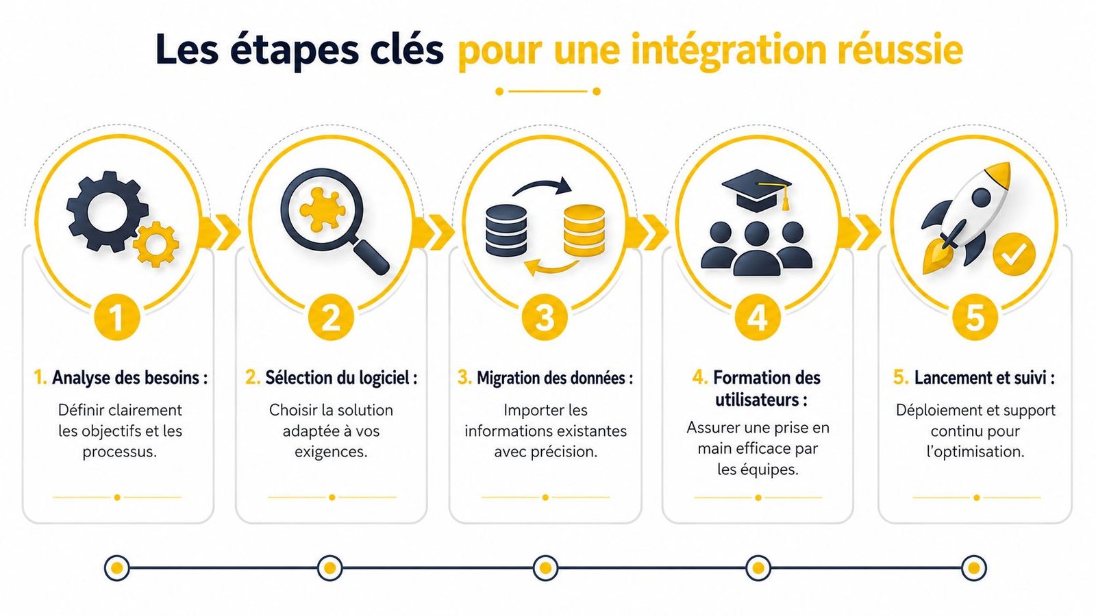 Cinq étapes clés illustrées pour réussir l'intégration d'un nouveau logiciel dans votre entreprise.