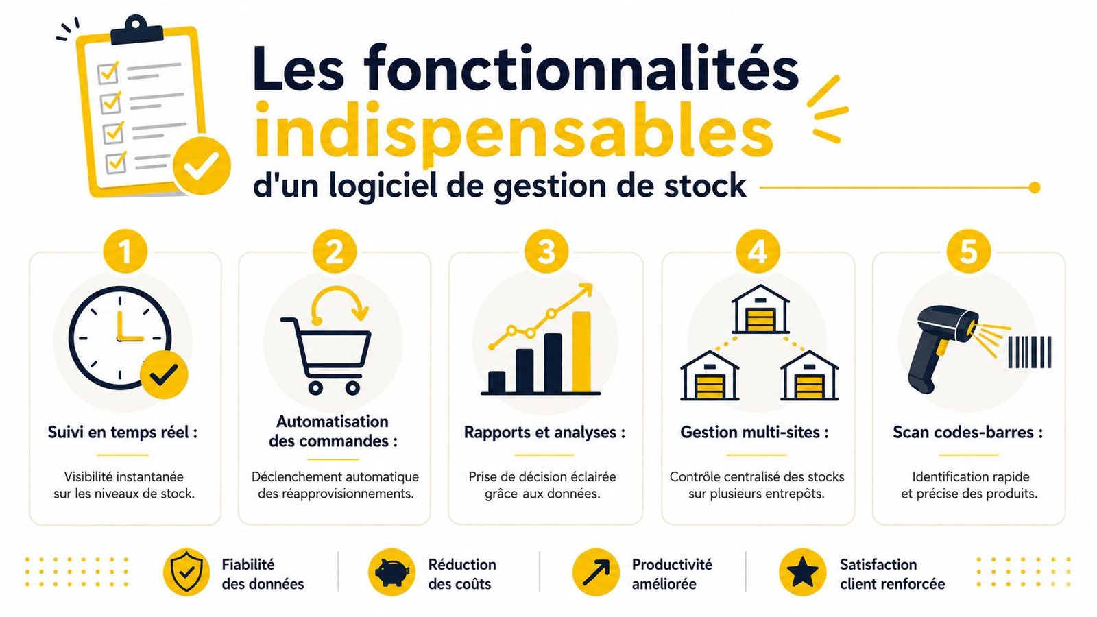 Infographie présentant les cinq fonctionnalités essentielles d'un logiciel de gestion de stock pour optimiser votre entreprise.