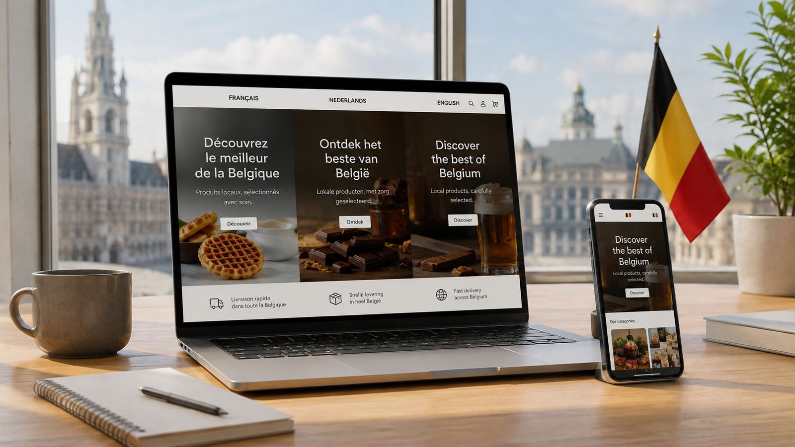 Ordinateur portable et téléphone affichant un site web e-commerce présentant des produits culinaires belges de haute qualité.
