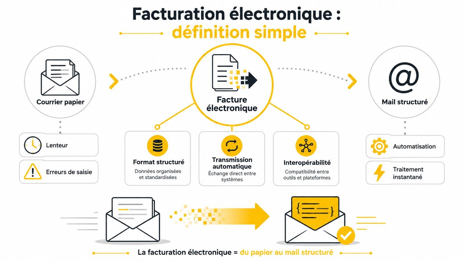 Infographie illustrant le passage du courrier papier traditionnel à la facturation électronique structurée et automatisée.