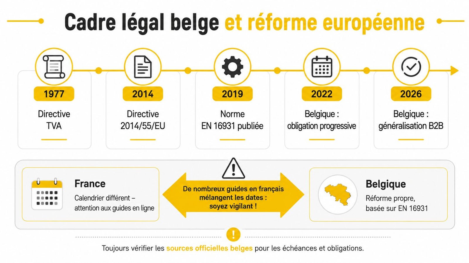 Chronologie illustrant les étapes clés de la facturation électronique et les réformes légales en Belgique.