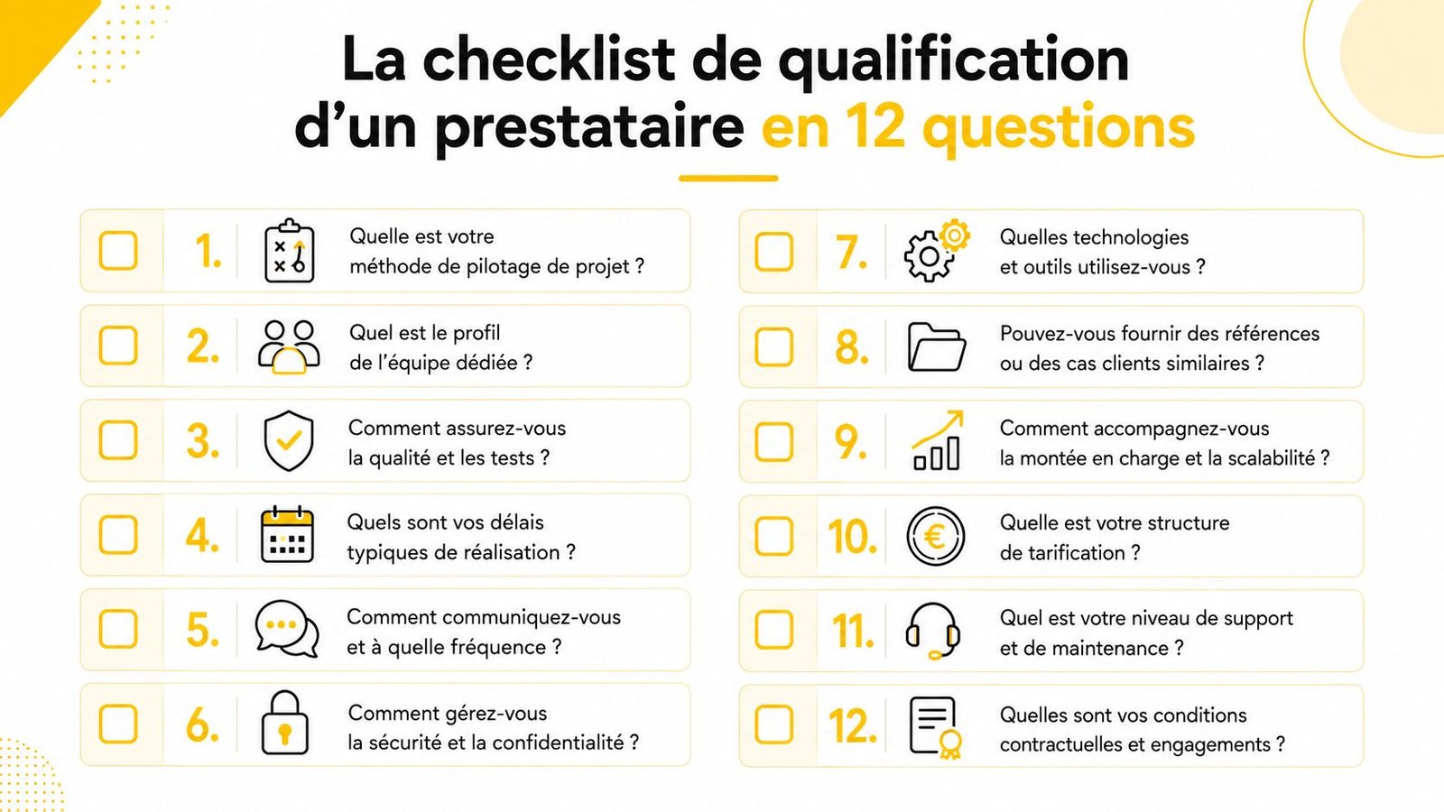Une checklist illustrée en français composée de 12 questions pour qualifier et évaluer un prestataire informatique professionnel.