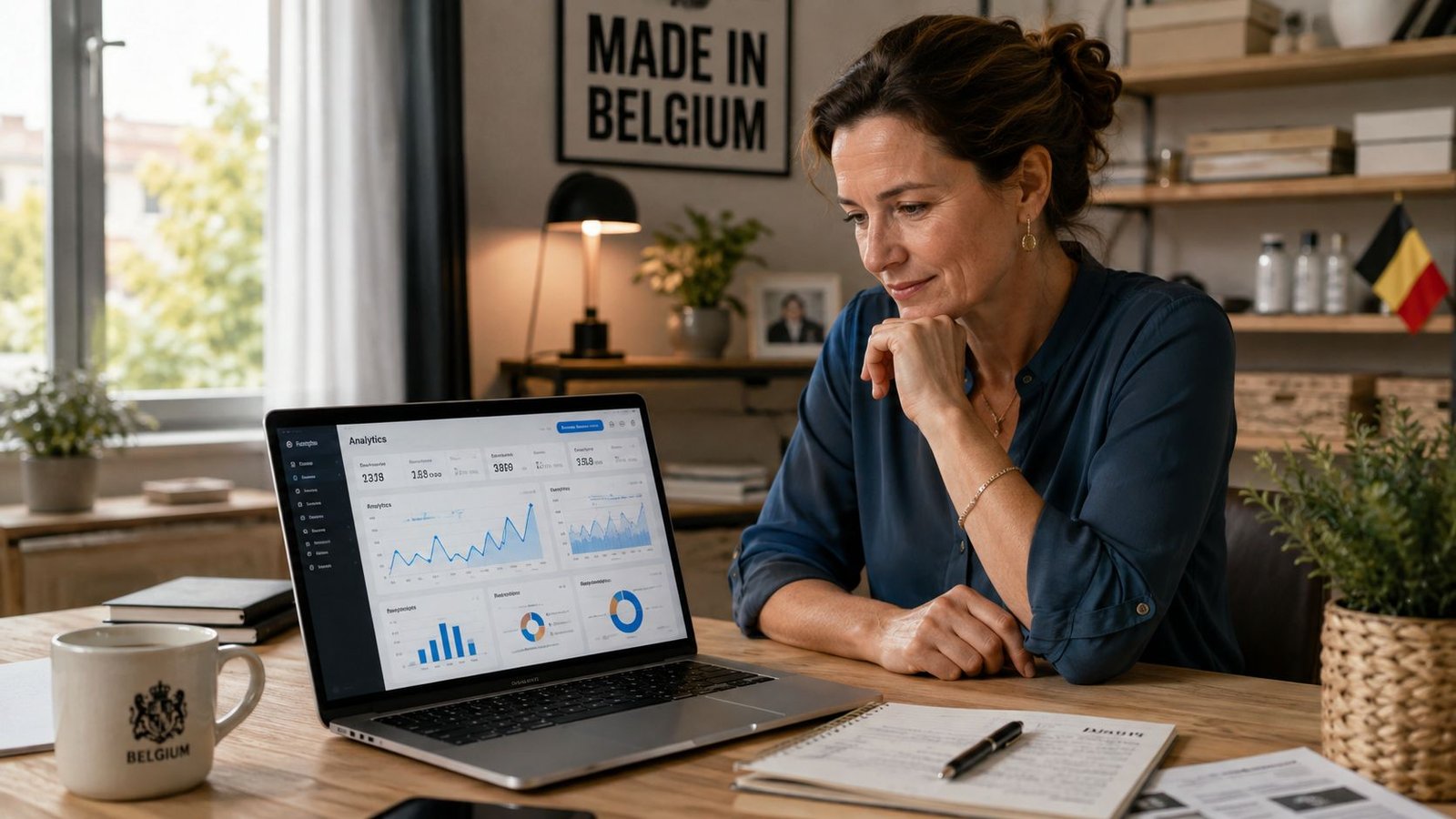 Une femme d'affaires travaillant sur un ordinateur portable avec des graphiques d'analyse dans un bureau moderne.